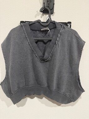 Out From Under Cropped V-Neck Sleeveless Sweatshirt Vest — Charcoal Gray